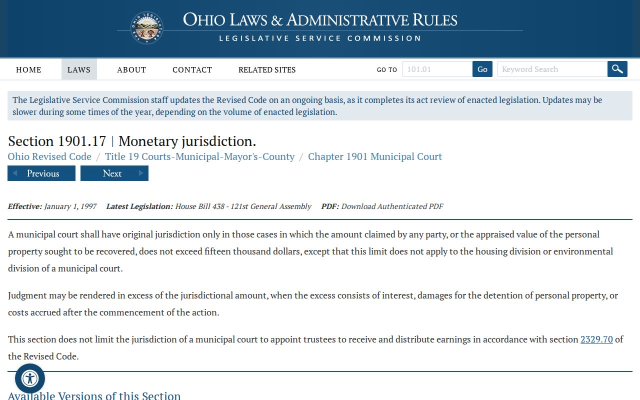 Shelby County civil dockets Ohio municipal court jurisdiction statute