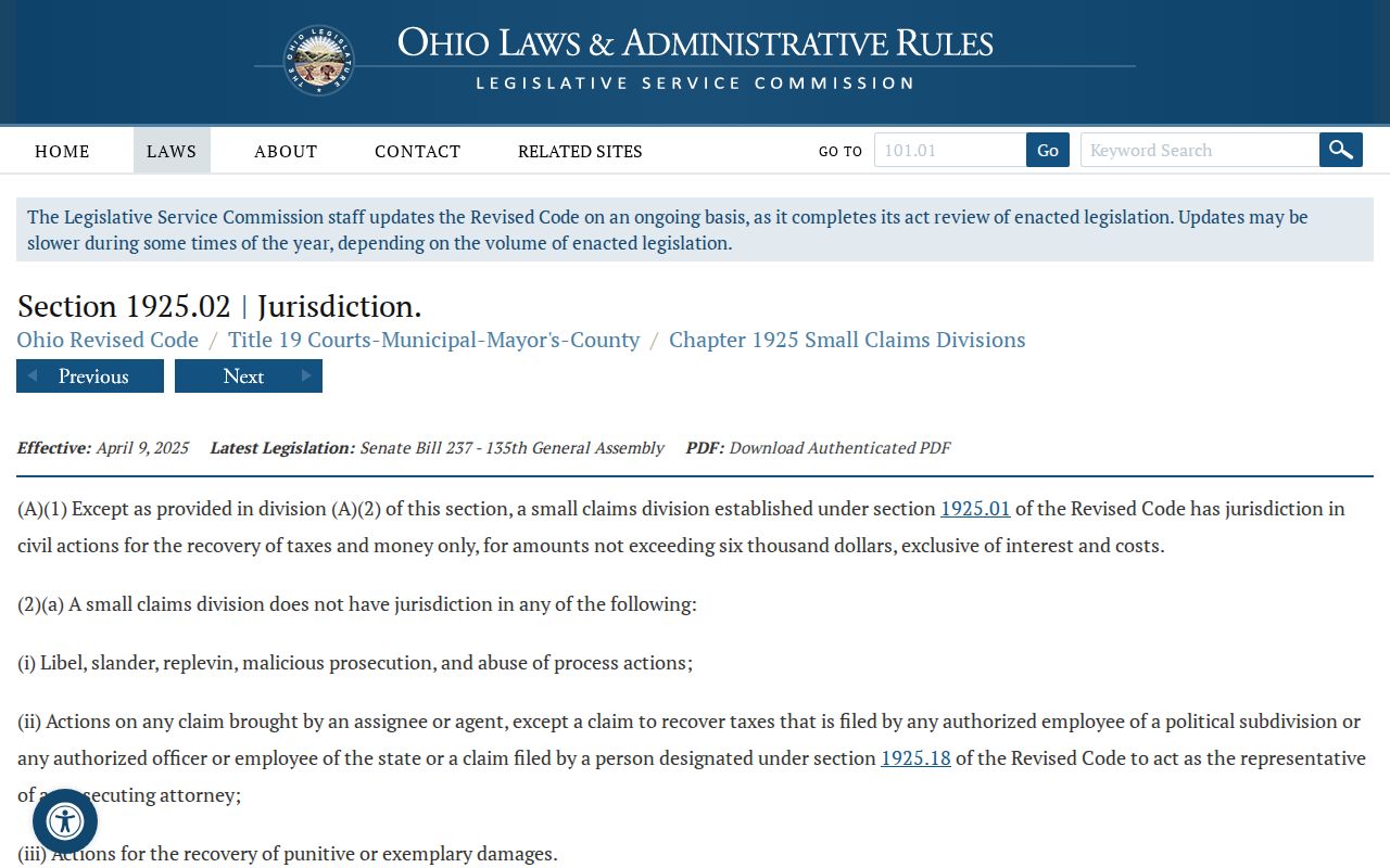 Shelby County civil dockets Ohio small claims jurisdiction statute