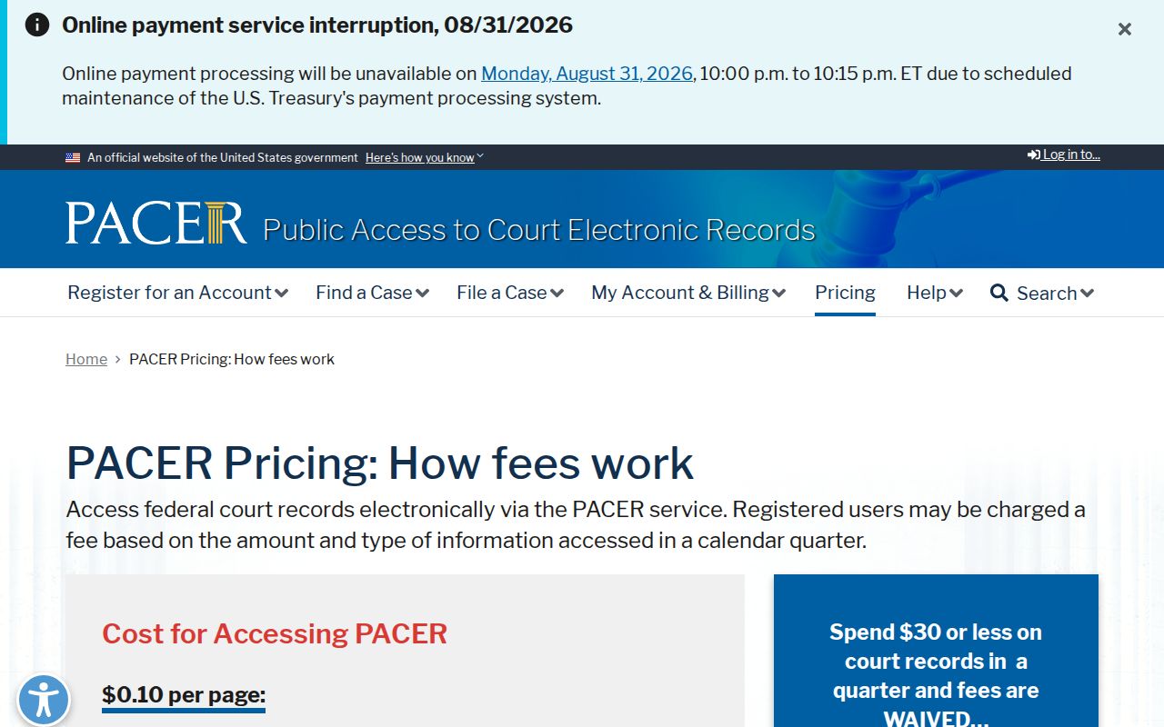 Shelby County court records federal PACER fee information