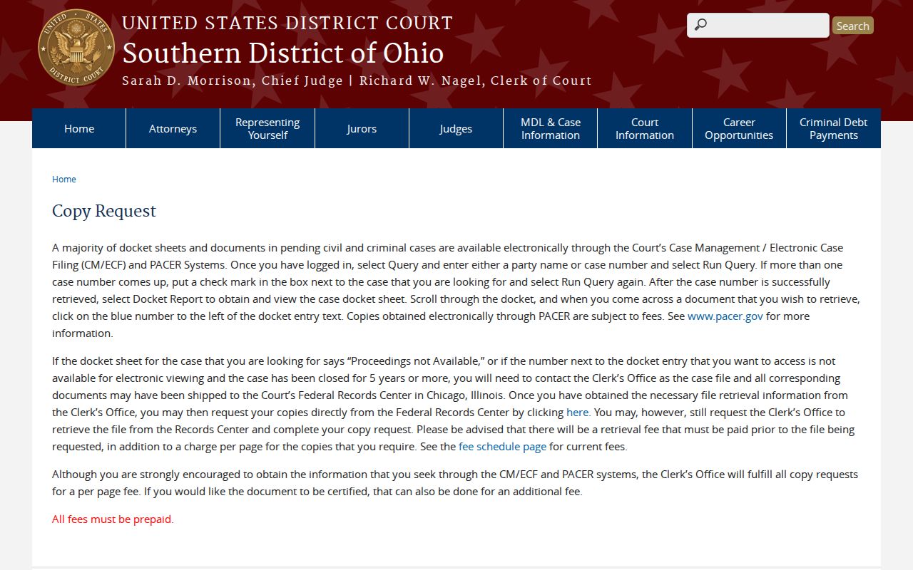 Shelby County court records Southern District federal copy request information