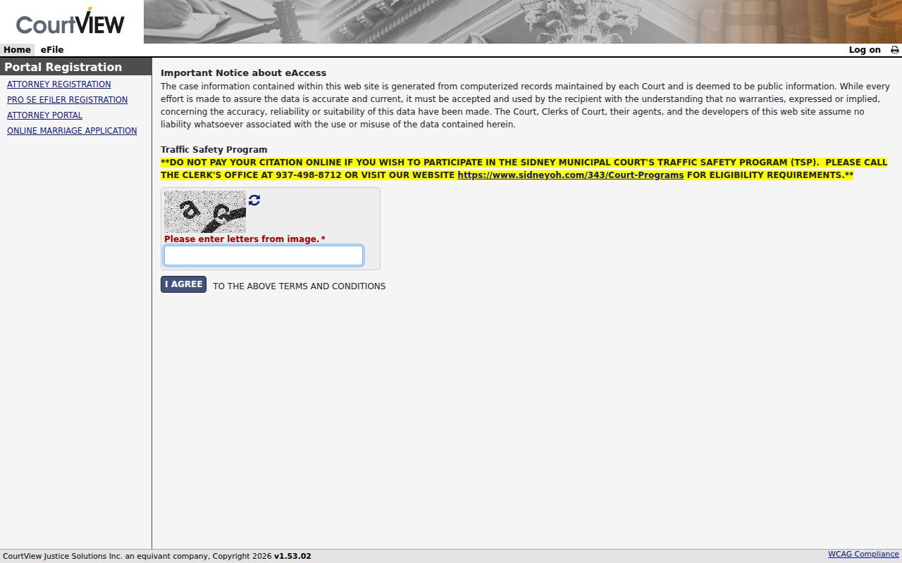 Sidney court docket CourtView CAPTCHA gateway for Municipal Court records